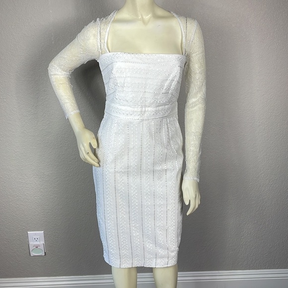 NWOT Sau Square Neck Long Lace Sleeve White Sheath Dress Textured Bridal Sz 8 - Picture 2 of 14